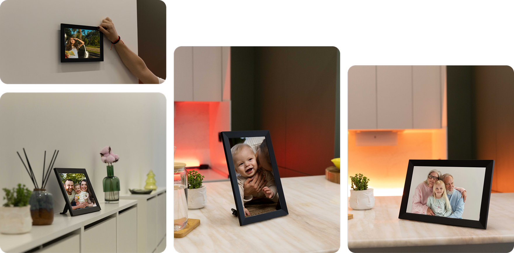 Memory digital photo frame in various room settings